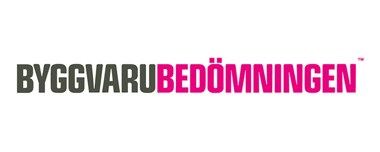 Logotyp för Byggvarubedömningen med texten i grått och starkt rosa.
