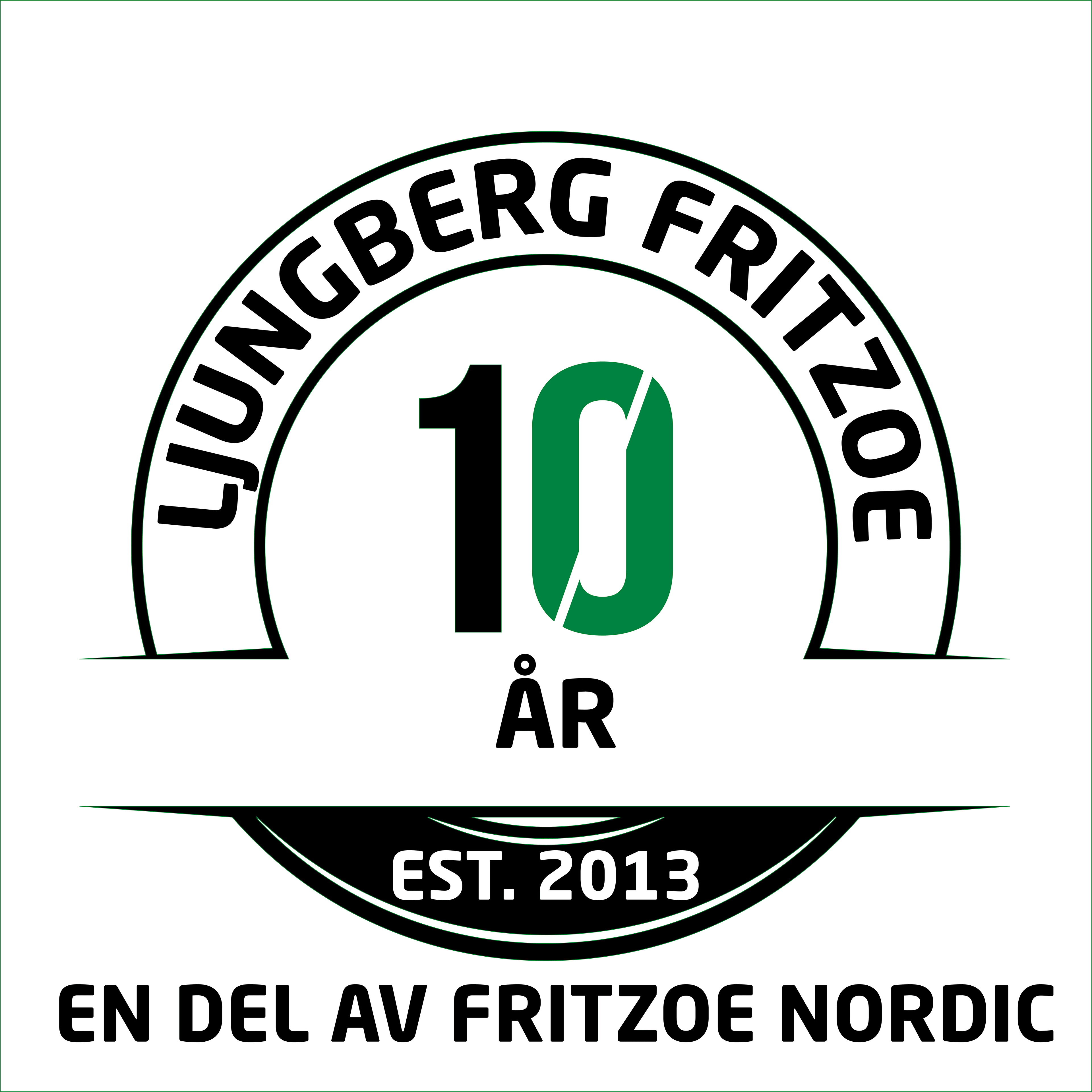 Logotyp för Ljungberg Fritzoe som markerar 10-årsjubileum. Texten &quot;10 år&quot; och &quot;En del av Fritzoe Nordic&quot; är inkluderad. Årtalet 2013 står under logotypen.