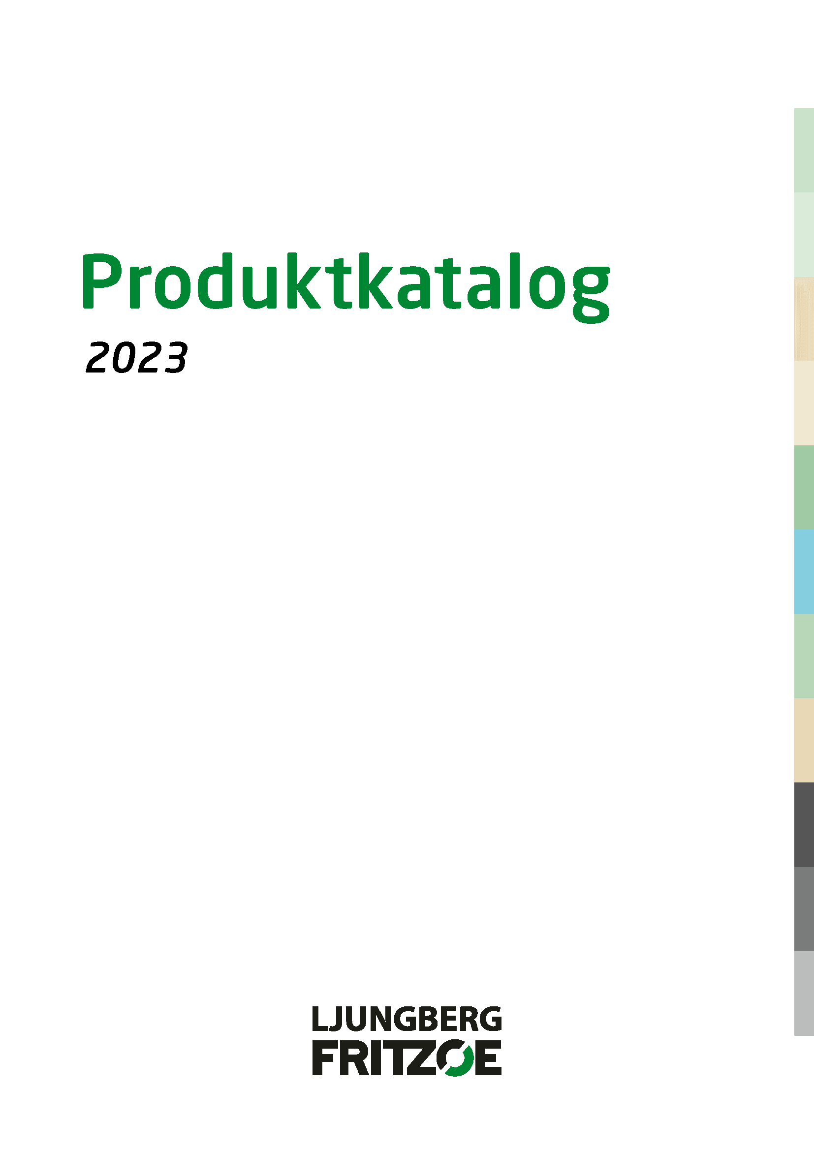 Grön text som säger &quot;Produktkatalog 2023&quot; på vit bakgrund, med företagets namn &quot;LjungbergFritzoe&quot; längst ner.