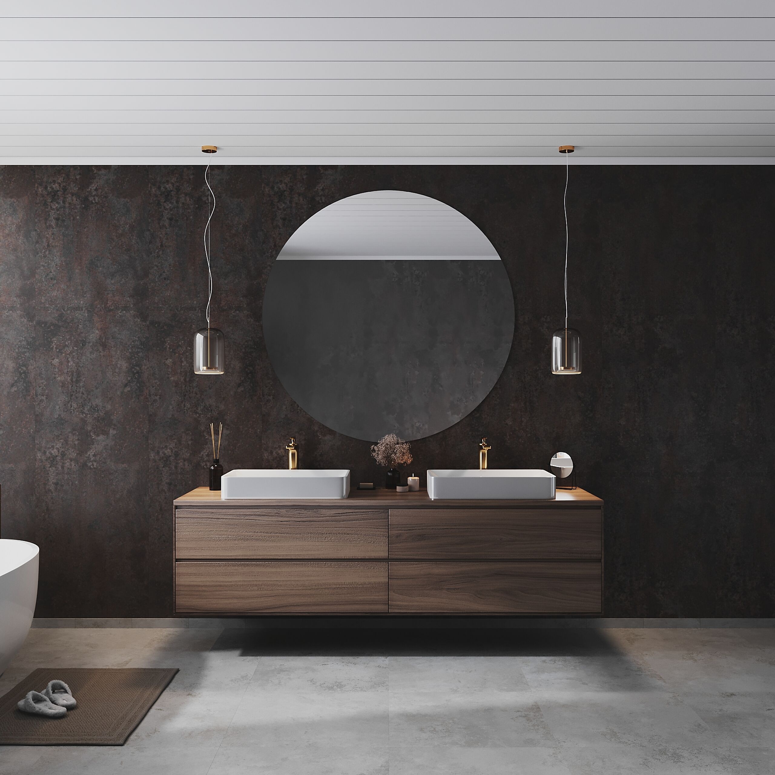 Modernt badrum med en dubbelhandfat i trä, rund spegel ovanför och stiliga hängande lampor. Mörk vägg med textur och en minimalistic inredning. Grått golv.