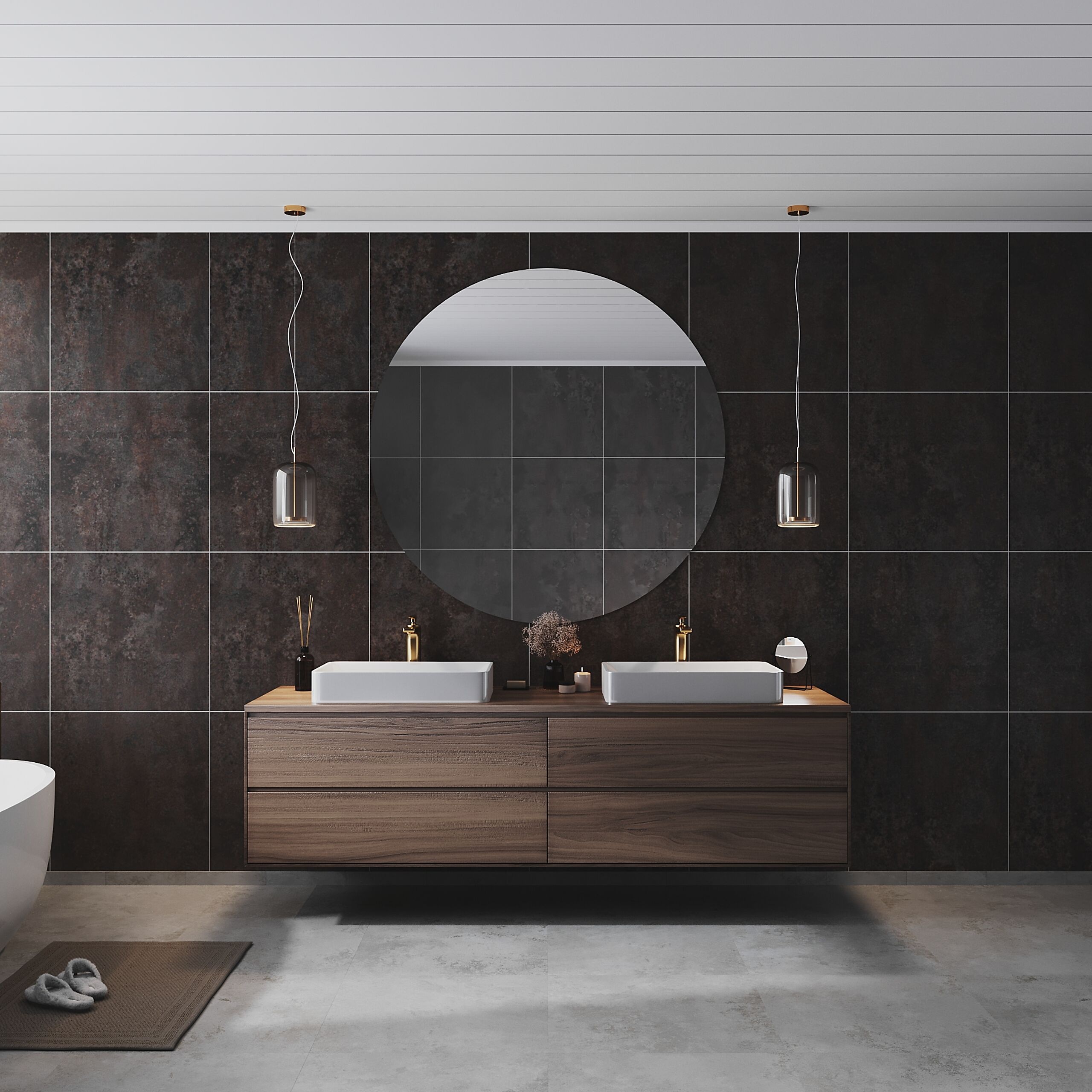 Modernt badrum med en dubbelvask på en träskåp, stora spegel och hängande lampor. Mörk väggbeläggning och ljus golvbeläggning skapar en elegant atmosfär.