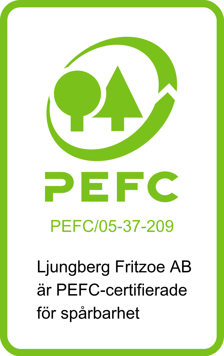 PEFC certification logo with green trees and text indicating Ljungberg Fritzoe AB is PEFC certified for sustainability.